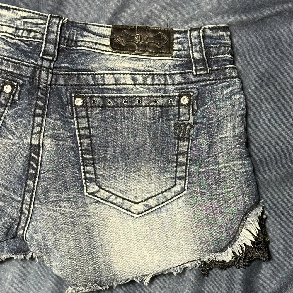 Miss Me Women's Blue Jean Denim Shorts with Black Lace and Bling 30 - Picture 8 of 15